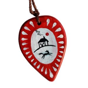 Hand Painted Necklace – Fox & House Under Red Moon