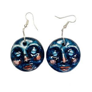 Hand Painted Earrings – Muted Turquoise Moon Face